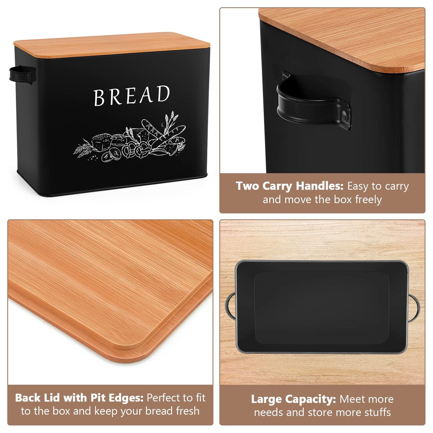 P&P CHEF Bread Box for Kitchen Counter, Metal Bread Storage Bin with Wooden Cutting Lid, Large Capacity for Holding 2+ Loaves, Retro Modern Style, Size 13” x 7.2” x 9.7”, Black