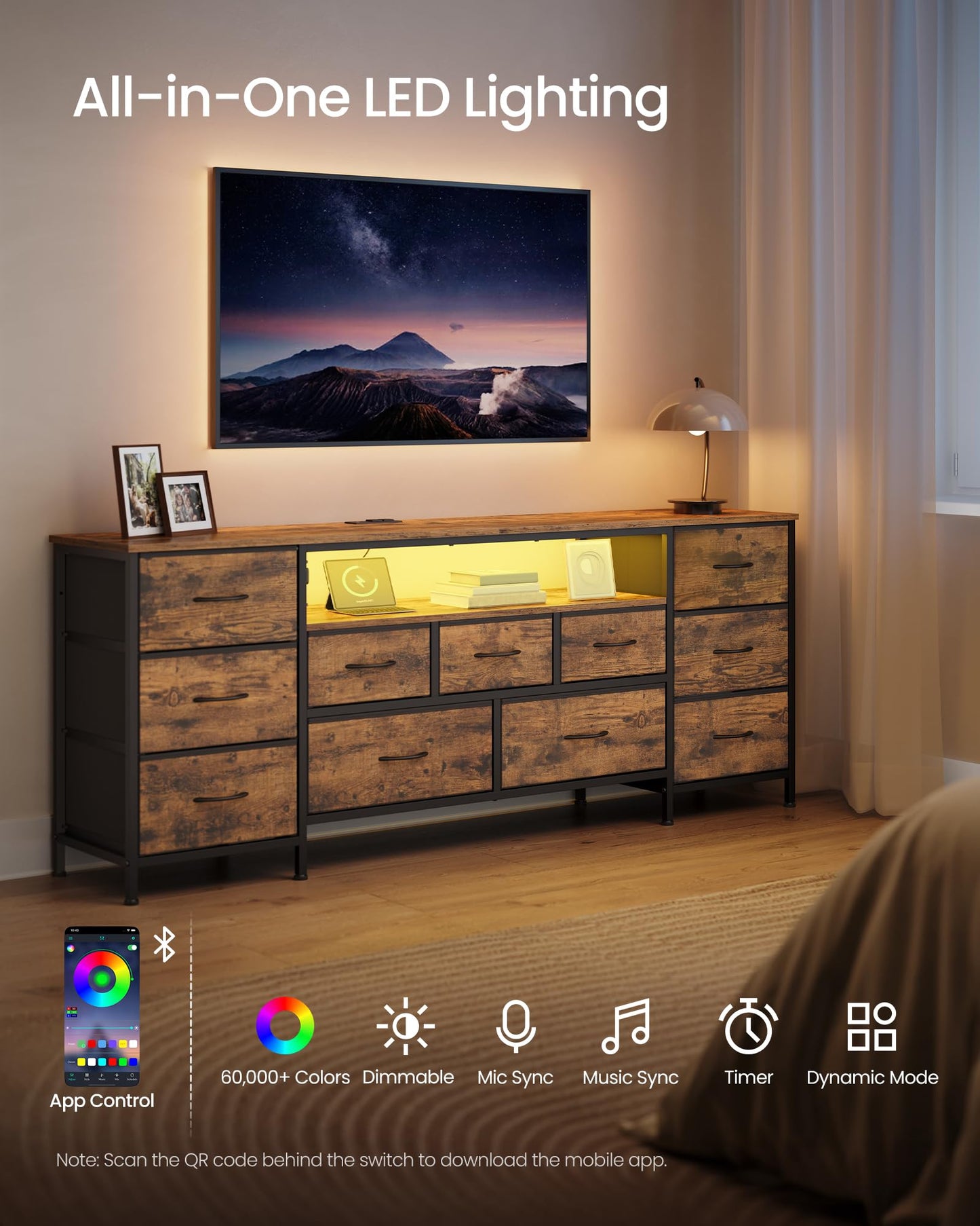 SONGMICS BELLAH Collection - TV Stand for TVs Up to 70 Inches, Dresser for Bedroom, Living Room, Chest of Drawers, Steel, 11 Drawers and Shelf, Industrial, Rustic Brown ULGS043K101S