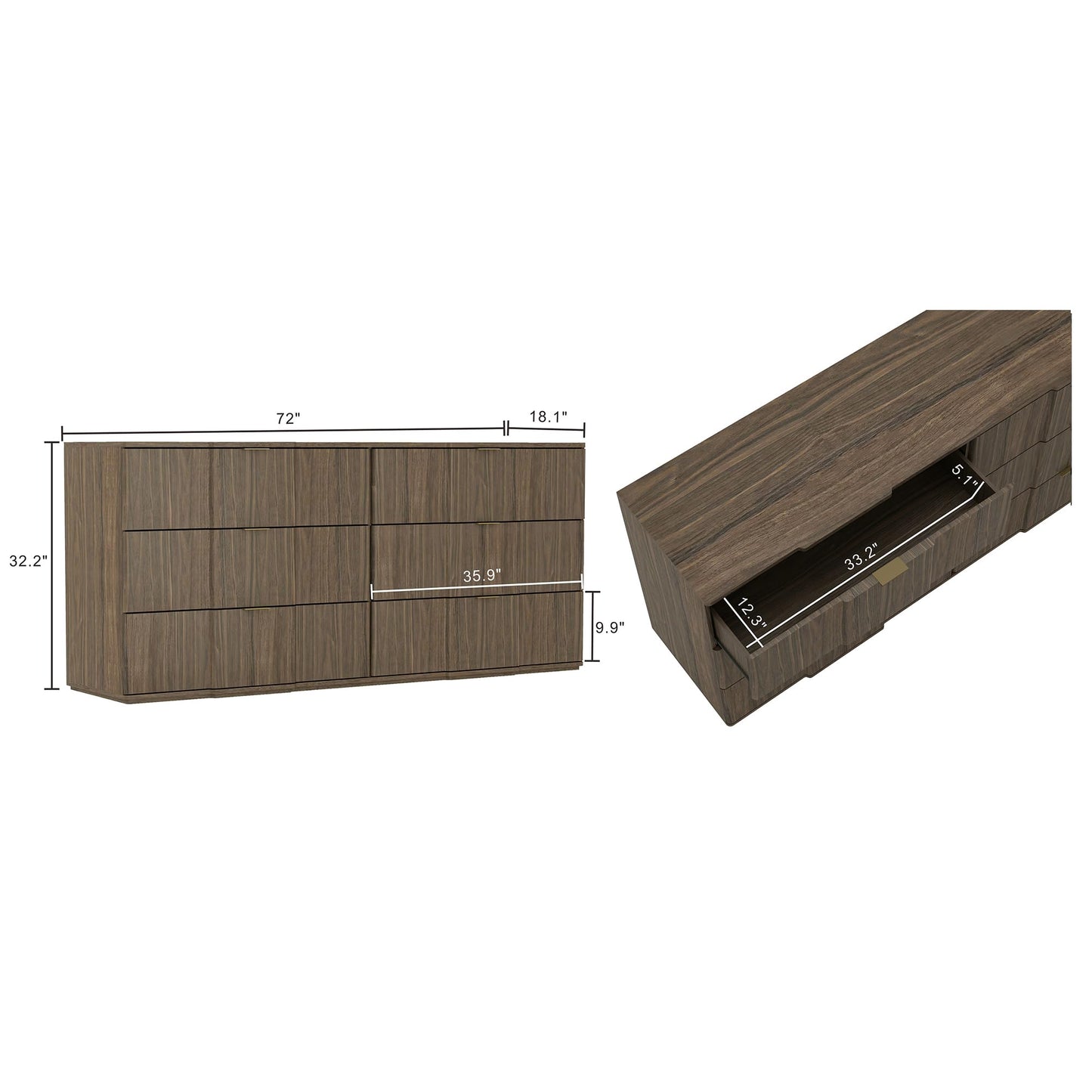 Manhattan Comfort Clive 72” Modern 6 Drawer Dresser, Wide Chest of Drawers with Sculpted Fluted Front & Accent Recessed Handles, Doubles as 70” TV Stand, Walnut Brown and Gold