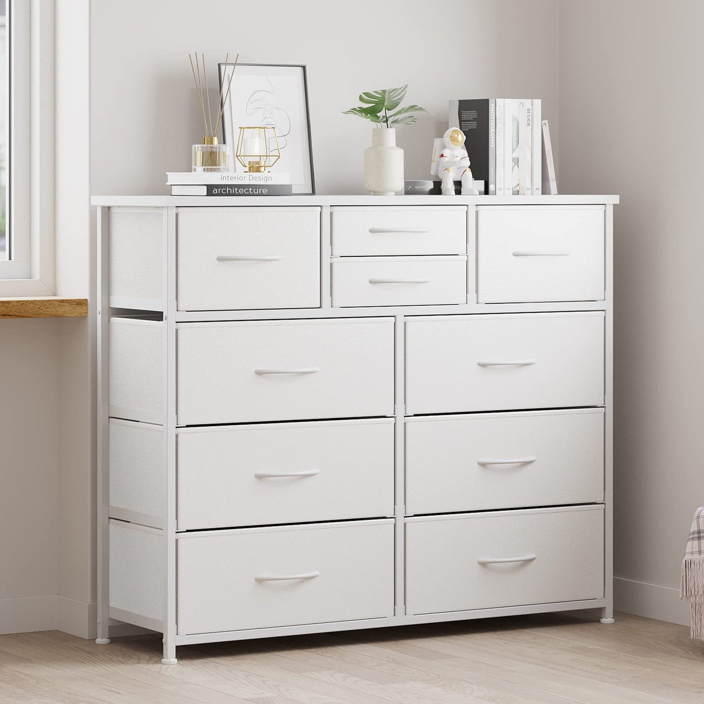 LUMTOK 10-Drawer Dresser, Fabric Storage Tower with Drawers for Bedroom, Dresser Drawer with Handle for Bedroom, Living Room, Hallway, Closets & Nurseryteel Frame, Wood Top (10 Drawer/White)