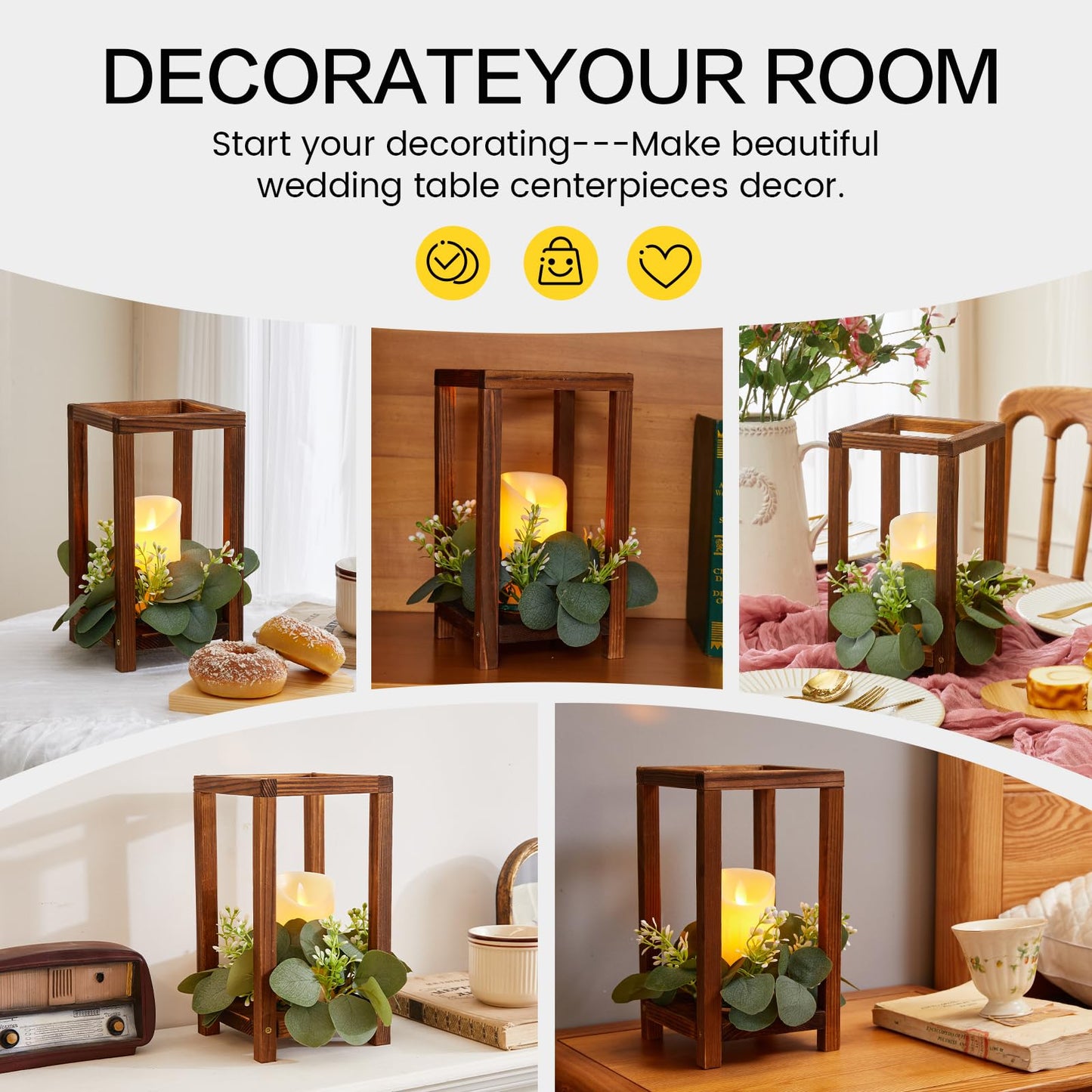 Neoflavie 42 Pcs /14 Set Wooden Wedding Lantern Centerpiece-Wooden Candle Lantern Bulk Includes 14 Farmhouse Wooden Candle Holder 14 Flameless LED Candles 14 Eucalyptus Leaves Wreath for Decoration