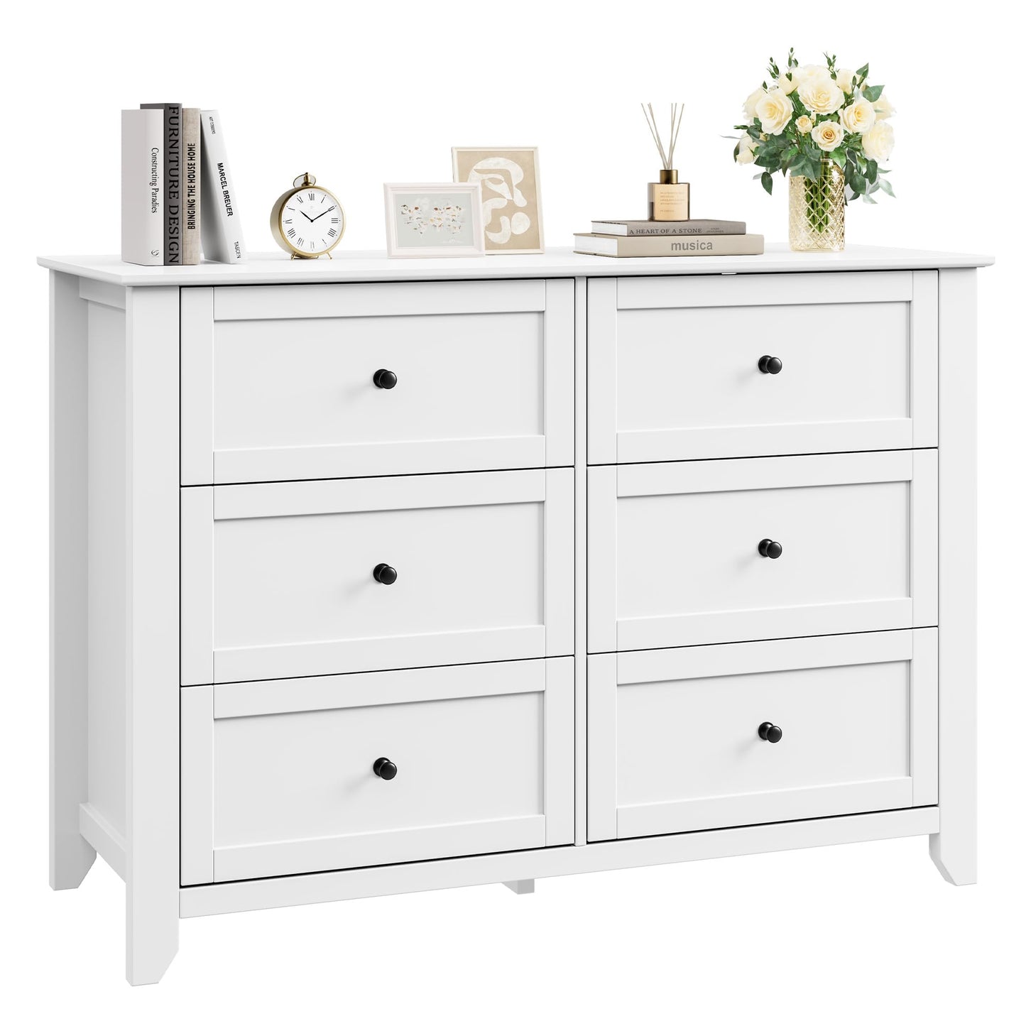 Garvee 6 Drawer Dresser for Bedroom, 47.2" Wide Modern Large Chest of Drawers with Metal Knobs, Wooden Clothes Storage Organizer for Closet, Nursery, Living Room, Apartment, White