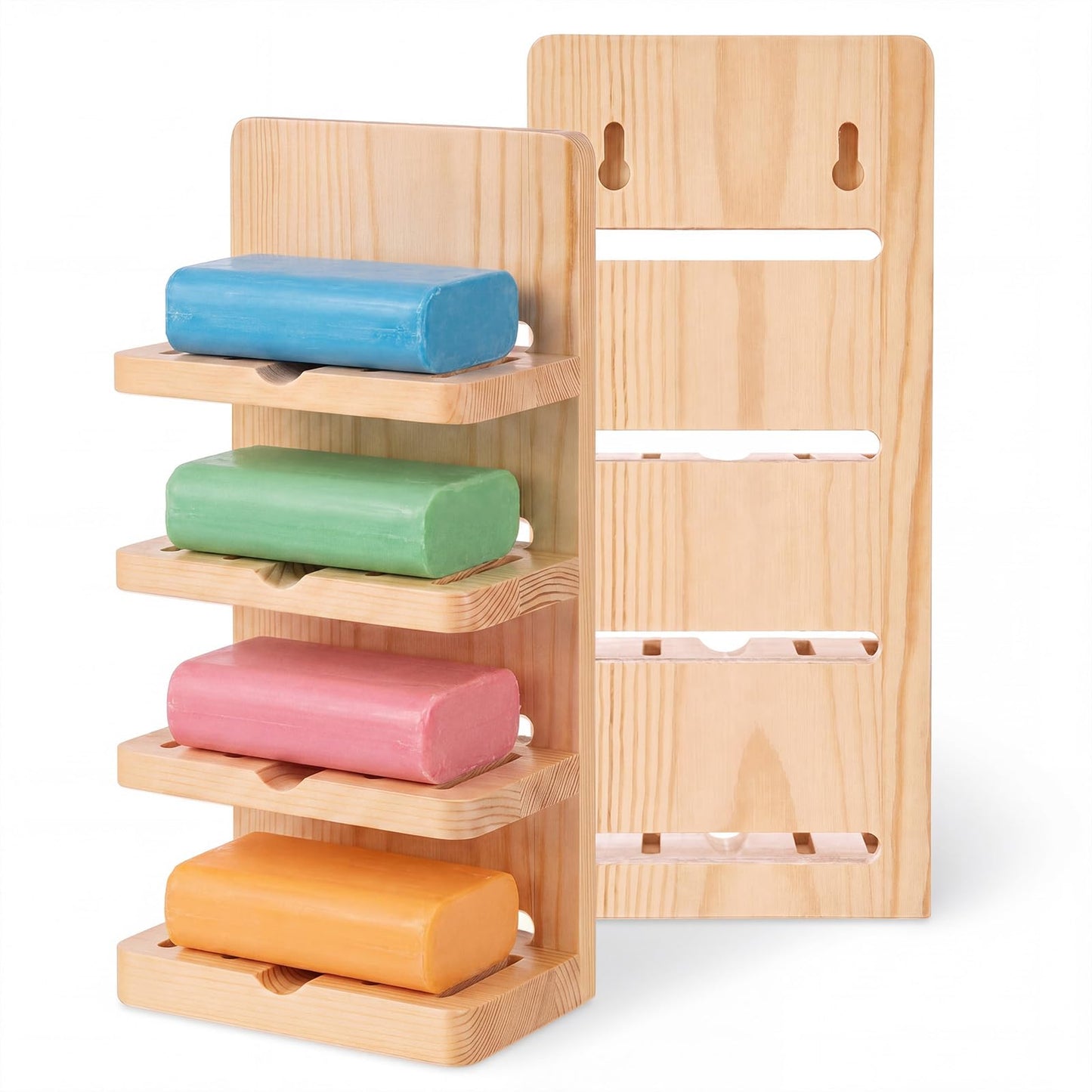 Ferrochef 4 Tier Wooden Soap Holder for Shower, Wall-mountable Soap Dish, Self Draining Bar Storage Organizer, Natural Wooden Bar Rack for Bathroom Counter, Kitchen, Easy Dry Extend Soaps Life