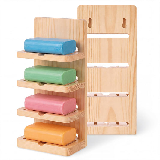 Ferrochef 4 Tier Wooden Soap Holder for Shower, Wall-mountable Soap Dish, Self Draining Bar Storage Organizer, Natural Wooden Bar Rack for Bathroom Counter, Kitchen, Easy Dry Extend Soaps Life