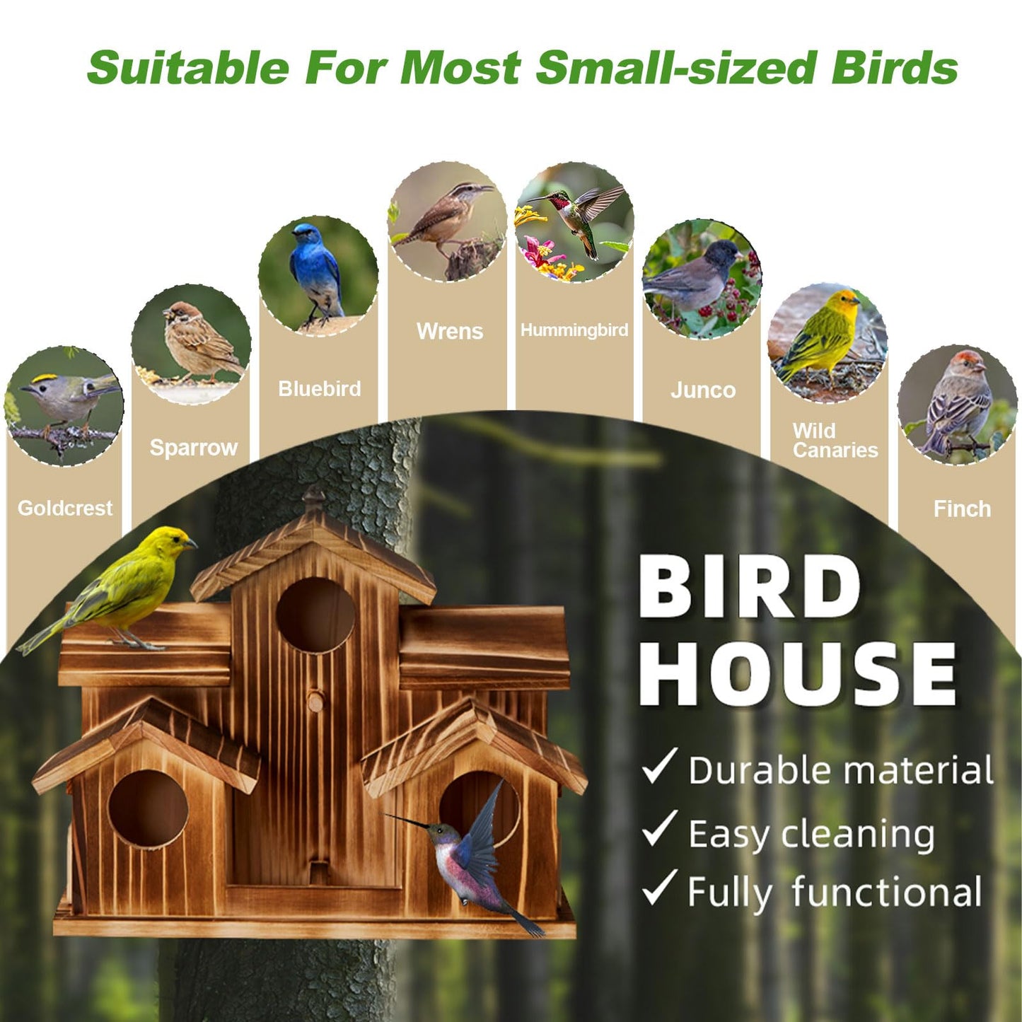 Puyikes Bird House for Outside 5 Hole Bird Houses Room for 5 Bird Families Large Bird House for Garden/Courtyard/Backyard for Garden Decor-Finch Bluebird Cardinals Handmade Wooden Hummingbird House