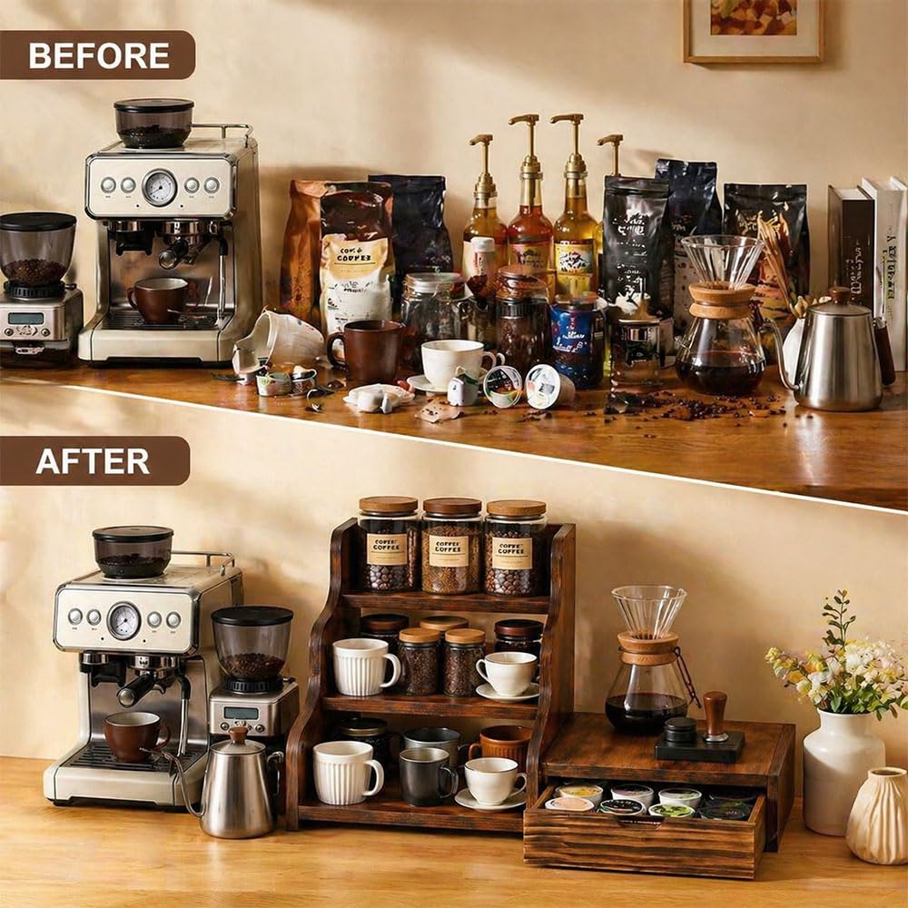 Wooden K Cup Coffee Station Organizer, 3-Tier Rack with Coffee Pods and Tea Organizer Holder,K Pod Drawer Coffee Maker Stand,Coffee Bar organizer Countertop for Accessories