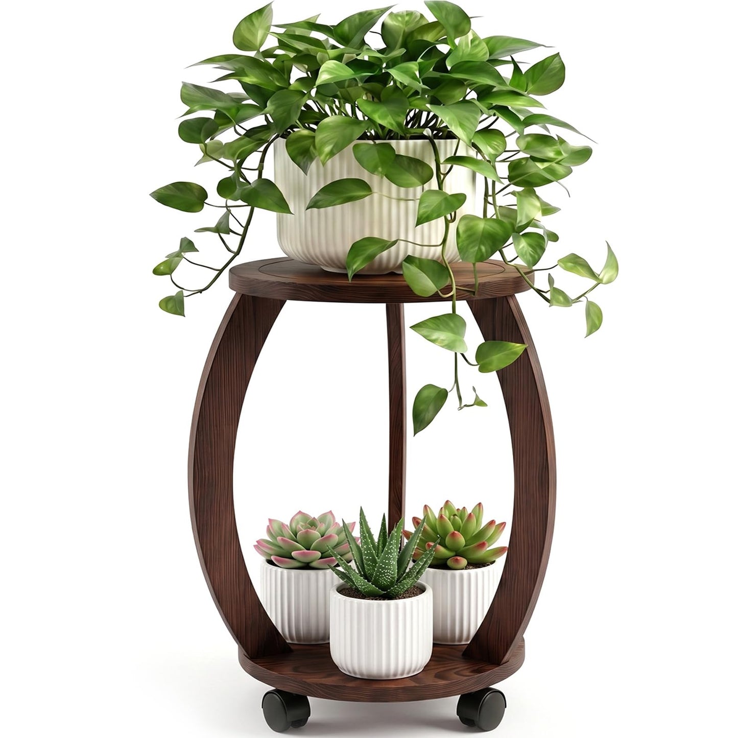 WooOrganix 2 Tier Wooden Plant Stand Indoor with Wheels – Tall Plant Stand for 6-12 Inch Pots, Mid-Century Modern Rustic Plant Table Indoor, Pedestal Stand for Corner, Living Room, Balcony, Dark Brown