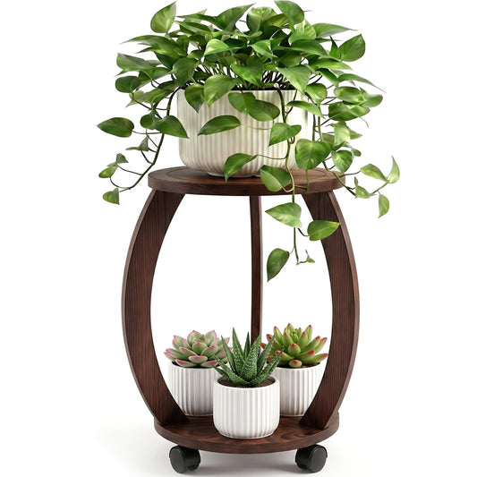 WooOrganix 2 Tier Wooden Plant Stand Indoor with Wheels – Tall Plant Stand for 6-12 Inch Pots, Mid-Century Modern Rustic Plant Table Indoor, Pedestal Stand for Corner, Living Room, Balcony, Dark Brown
