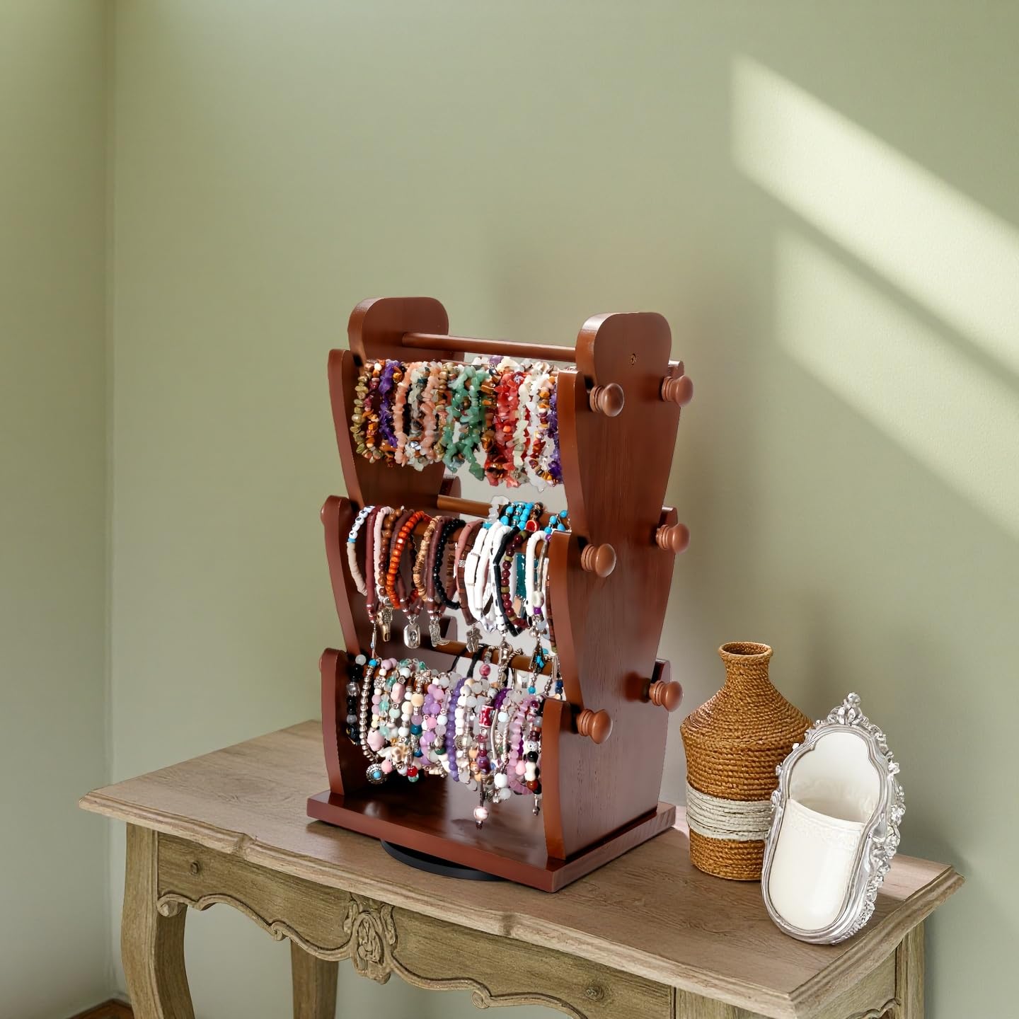 Two-Sided Rotating Wooden Jewelry Bracelet Holder Stand – 3-Tier Display with 6 Removable Bars for Bracelets, Bangles, Watches & Accessories – Brown Wooden Organizer for Home or Retail Showcase