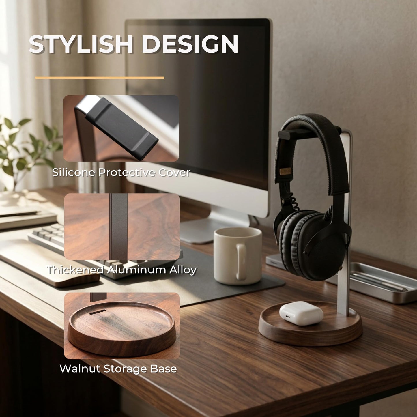 muso wood Walnut Headphone Stand, Universal Headset Stand with Storage Base, Wood Desktop Headphone Holder for Gaming Headset and Music Headset