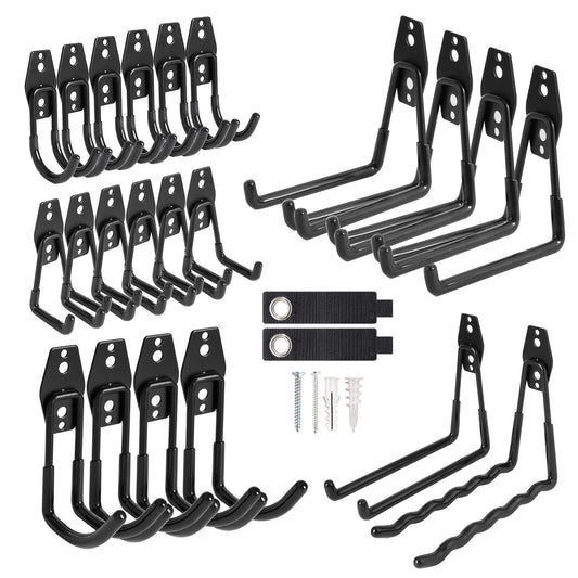 24 Packs Garage Storage Hooks, Heavy Duty Garage Hooks with Nylon Straps, Wall Mount Tool Organizer Hooks for Ladders, Bikes, Tools, Hoses, Suitable for Concrete, Brick, Wooden, Plaster Walls