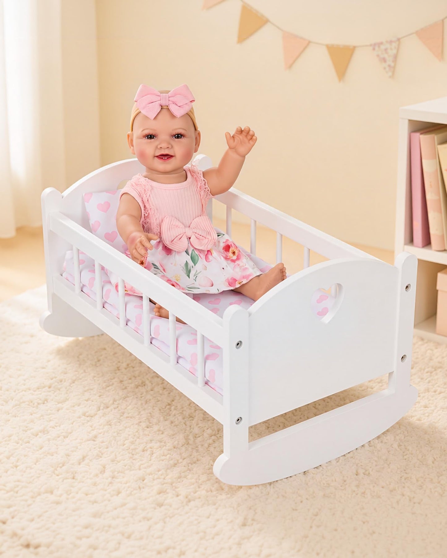 BABESIDE Wooden Baby Doll Crib for 12-16 Inch Dolls, Doll Bed with Pink Heart Bedding, Doll Furniture Baby Doll Accessories for Pretend Play, Gift for Girls Ages 3+