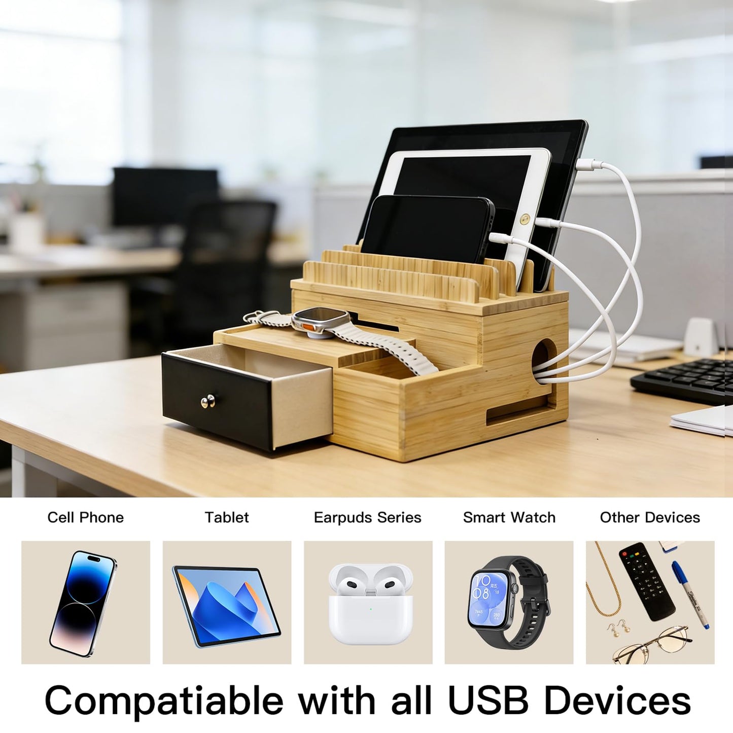PERFECYEE Bamboo Charging Organizer for Multi-Devices, with Drawer and Pen Holder, Nightstand Desk Charging Stations Electronic Organizer for Cell Phone, Tablet, Etc (with 5-Cable, No USB Charger)