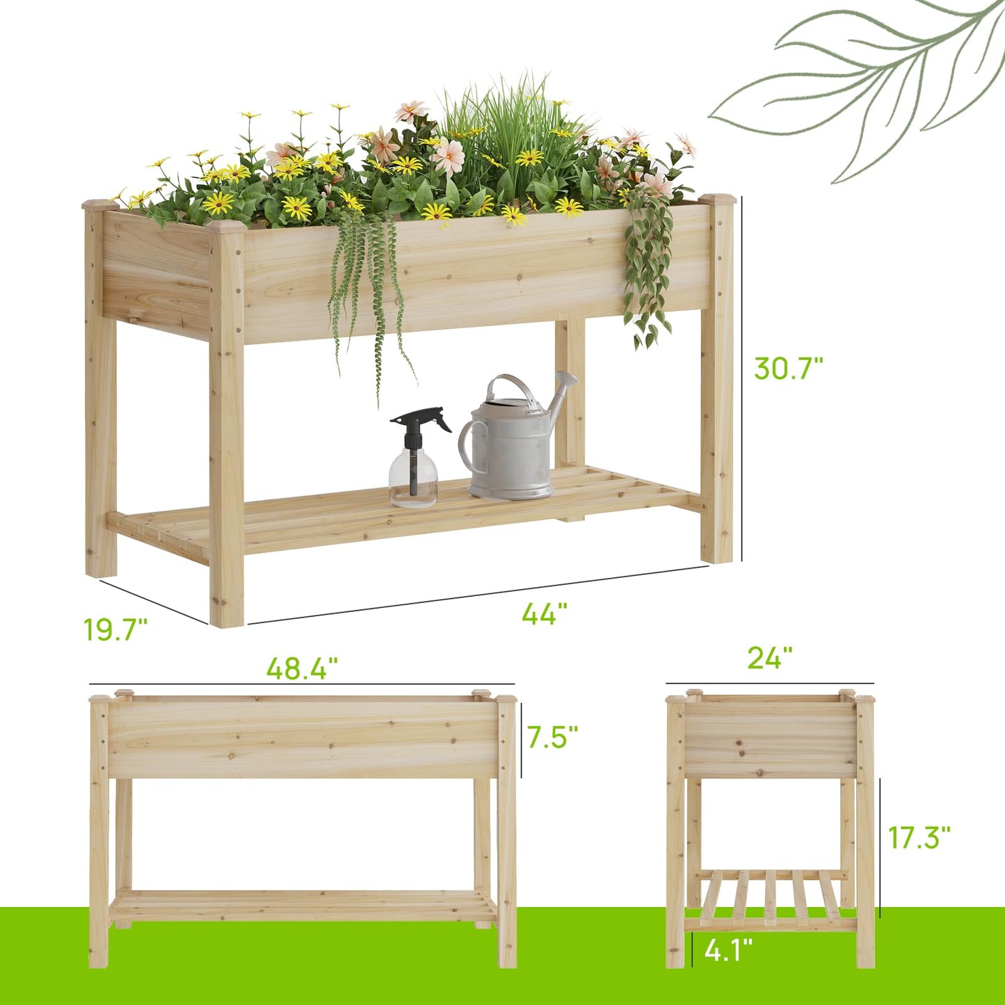 48x24x30.7in Wood Raised Garden Bed with Legs Wooden Planter Box with Storage Shelf Elevated Wood Planter Box for Vegetables Flowers Herbs Garden Planter for Backyard Patio Balcony (Natural, Medium)