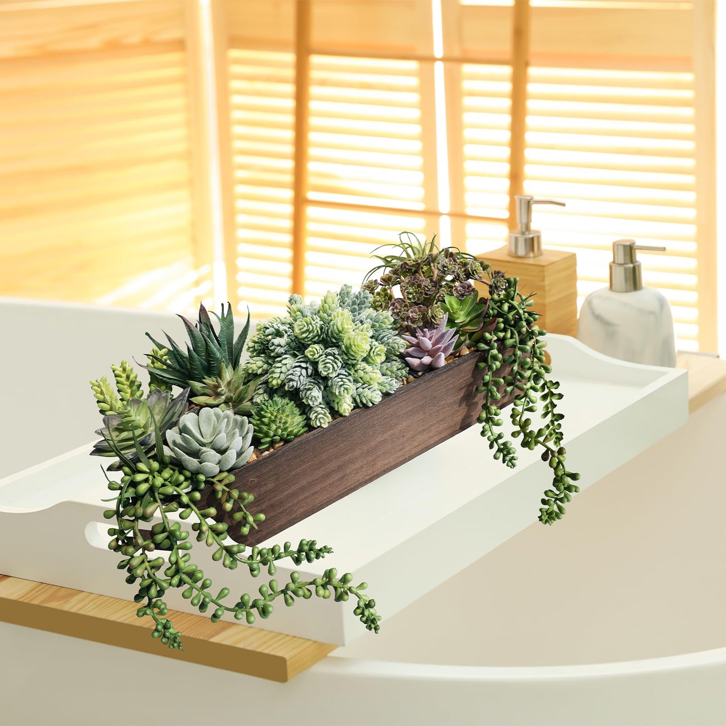 Winlyn Artificial Succulent Arrangement 15" Assorted Succulents Plants in Brown Rectangular Wooden Box Faux Potted Succulents Plant for Farmhouse Home Table Centerpiece Mantel Shelf Kitchen Décor