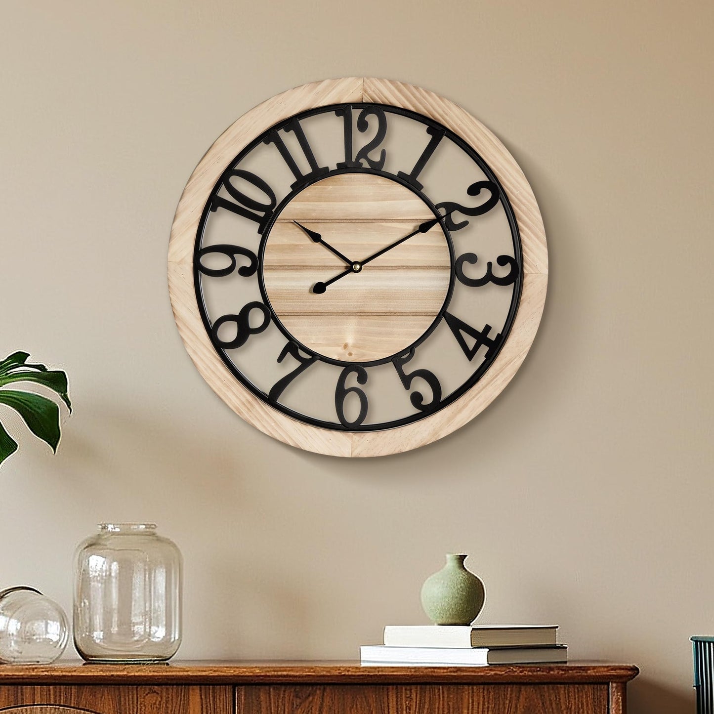 Maxstar 16'' Wall Clock for Living Room Decor, Ultra-Silent Rustic Wooden Farmhouse Wall Clock with Metal & Real Wood Frame, Battery Operated, for Kitchen Bedroom Office, Arabic Numerals
