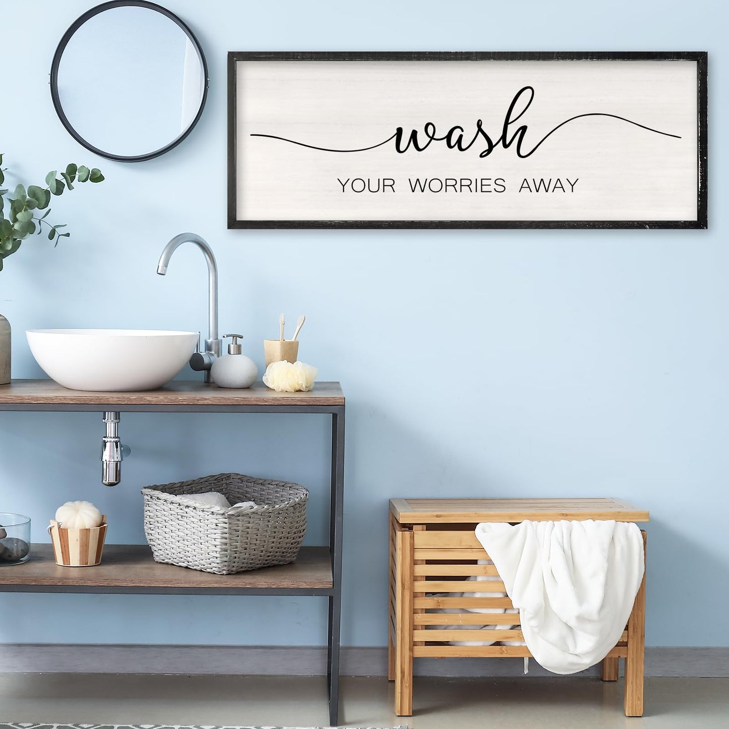 RLWangChao Farmhouse Laundry Room Wall Decor Wash Your Worries Away Sign 32×12 Inch Bathroom Inspirational Quote for Shower Room above the Bathtub Wooden Framed Minimalist Wall Hanging Art (Black)