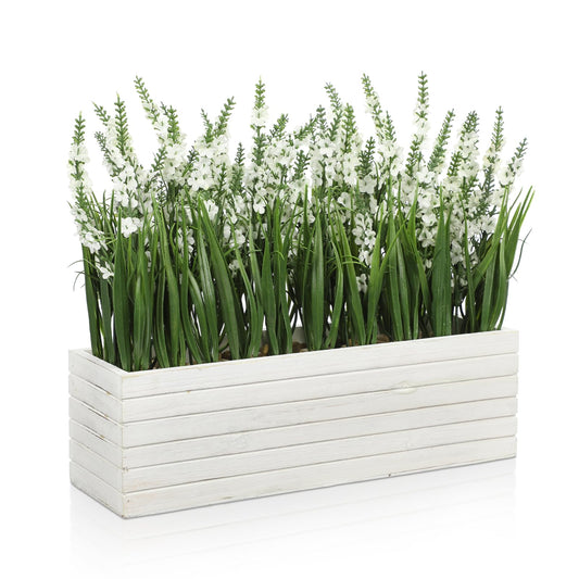 14 Inch Artificial Lavender Flower Arrangement in Rustic Rectangular Wood Planter Box White Fake Lavender Flower Faux Potted Lavender Plants for Table Centerpiece Windowsill Shelf Home Decor Indoor
