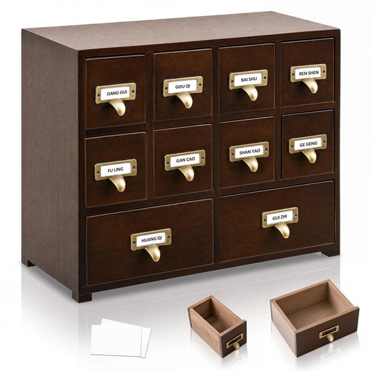Huwena 16 Drawer Wooden Apothecary Cabinet 19.6"x19.6" Vintage Desktop Drawer Organizer with Label Holders, Card Catalog Storage Box for Tea Bags Herbs Jewelry Craft Supplies Small Parts, Light Walnut