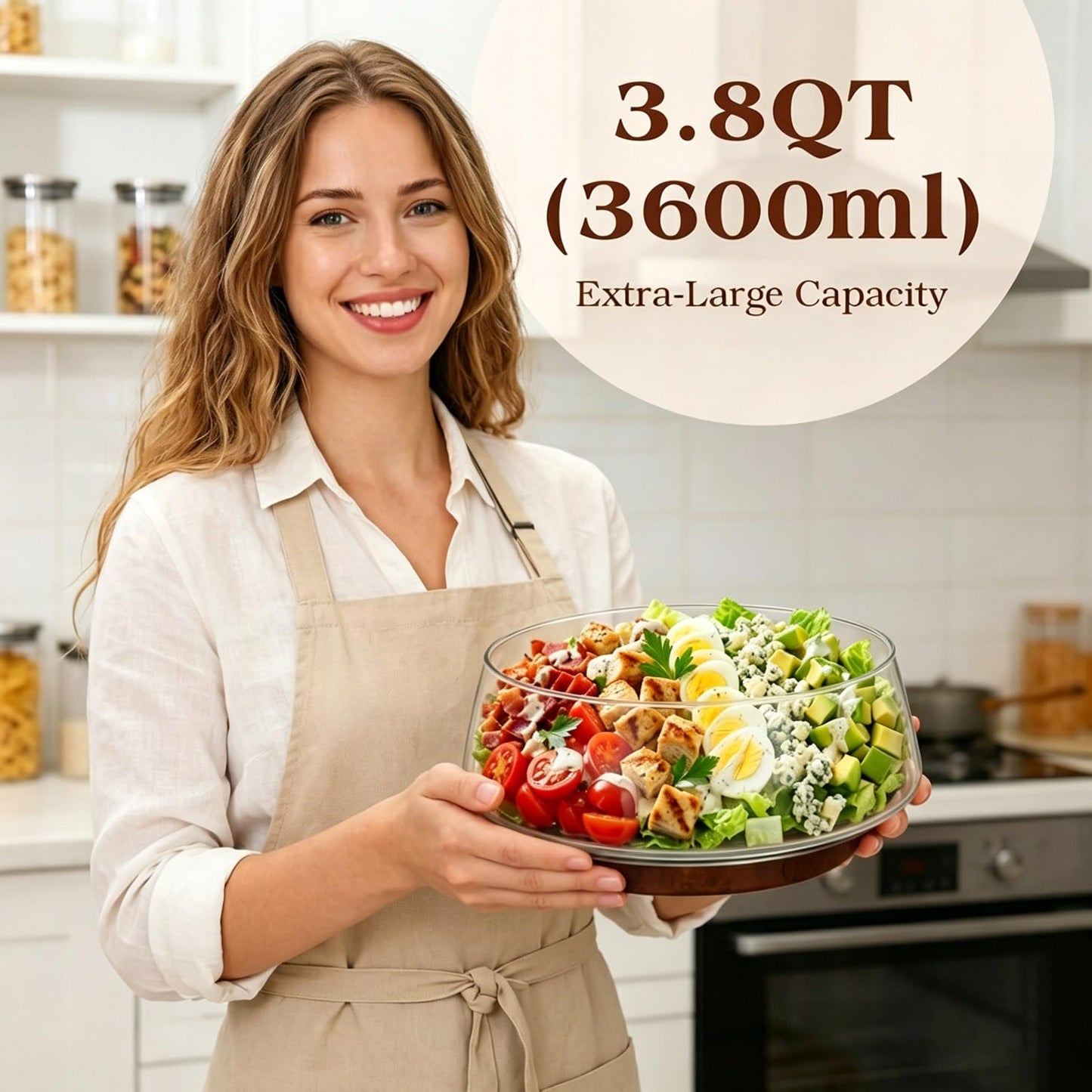 TITINICE 121oz Large Glass Salad Bowl Set with Acacia Wood Base, 3.8QT Clear Serving Bowl with Wooden Spoons, 3600ml Decorative Mixing Bowl for Fruit, Pasta, Party and Thanksgiving (Classic Smooth)