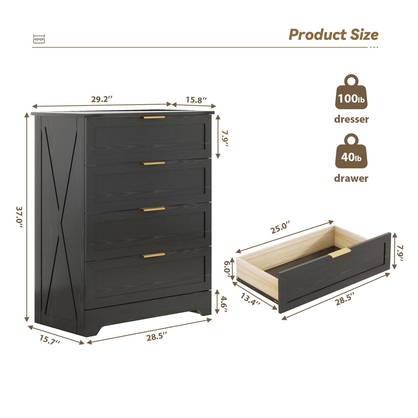 FTZxHKLX Modern 4 Drawer Dresser for Bedroom, Tall Bedroom Dresser with Large Drawer & Rose Gold Handles, Wooden Storage Organizer Cabinet Chest of Drawer for Closet, Living Room, Hallway, Black