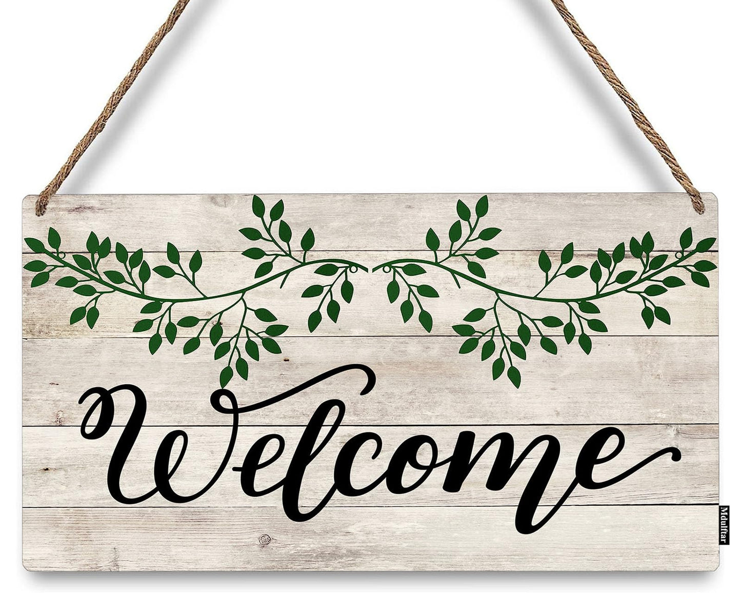 Mdulftar Eucalyptus Leaves Wooden Welcome Sign for Front Door, 6x12 Inch Rustic Farmhouse Hanging Door Sign, Porch Wall Decor Rustic Home Art, Housewarming Gift for New Home