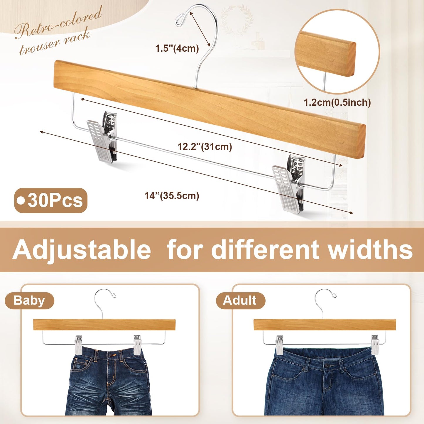 Sieral 30 Pack Wooden Pants Hangers with Clips Solid Wood Skirt Suit Coat Hangers with 2 Adjustable Clips 360 Degree Swivel Hook for Trousers Jeans Slacks Shorts Bottom, 14 Inch(Natural,Stylish)