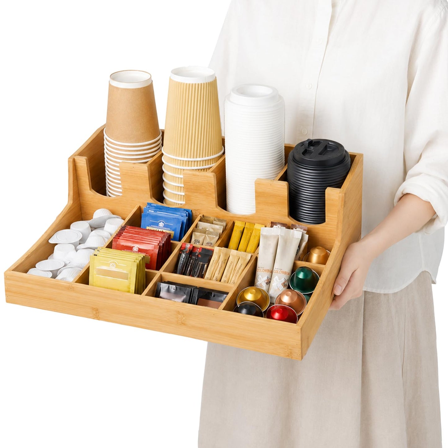 Mezchi 13-compartment Coffee Condiment Organizer, Bamboo Tea Station Organizer Caddy for Countertop, Coffee Bar Storage Accessories for Tea Bags, Cups, Pods, Creamer, Syrup