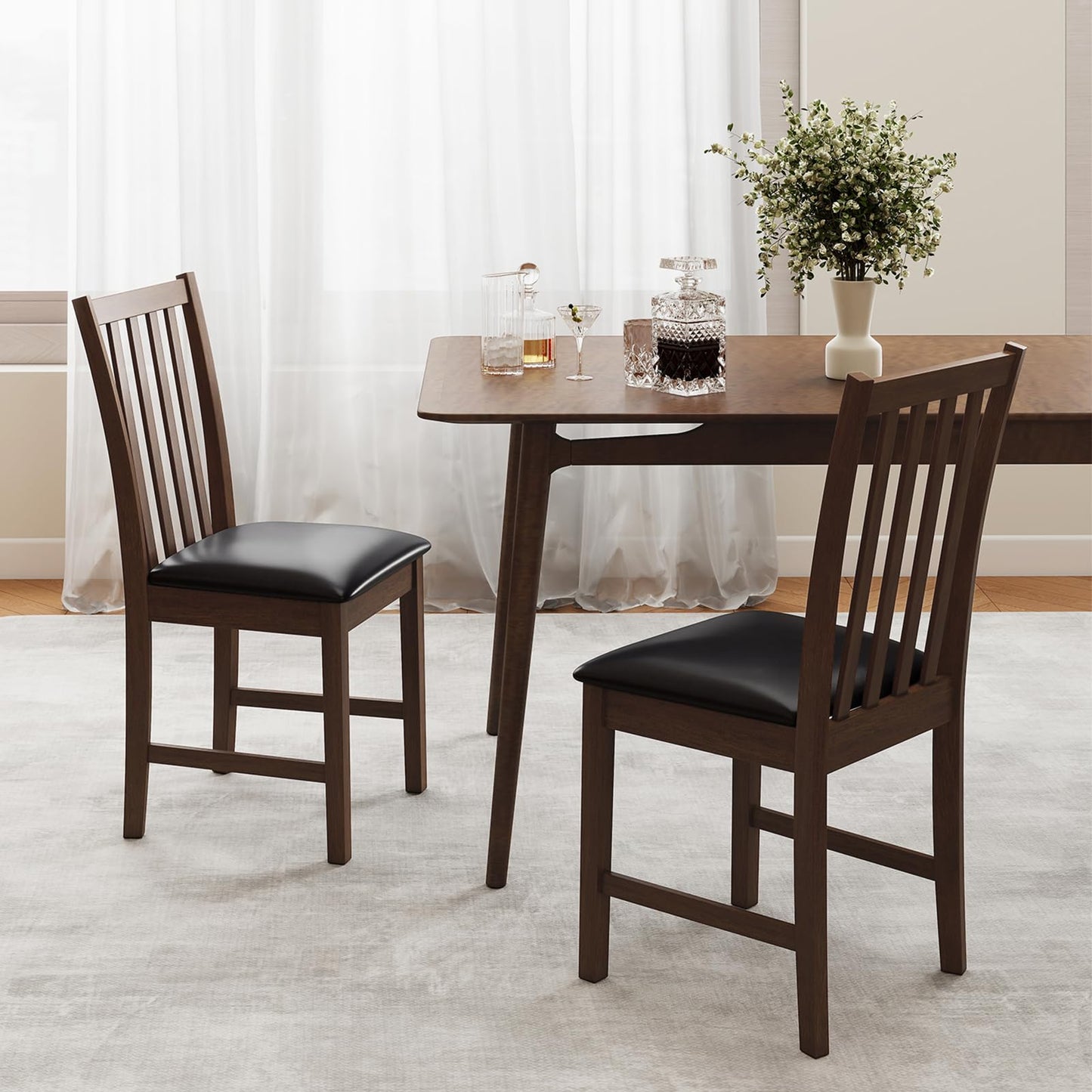 Giantex Wooden Dining Chairs Set of 2, Faux Leather Upholstered Kitchen Chair w/Rubber Wood Legs, Curved Back, Padded Seat, Mid Century Modern Armless Accent Side Chairs for Living Room, Brown
