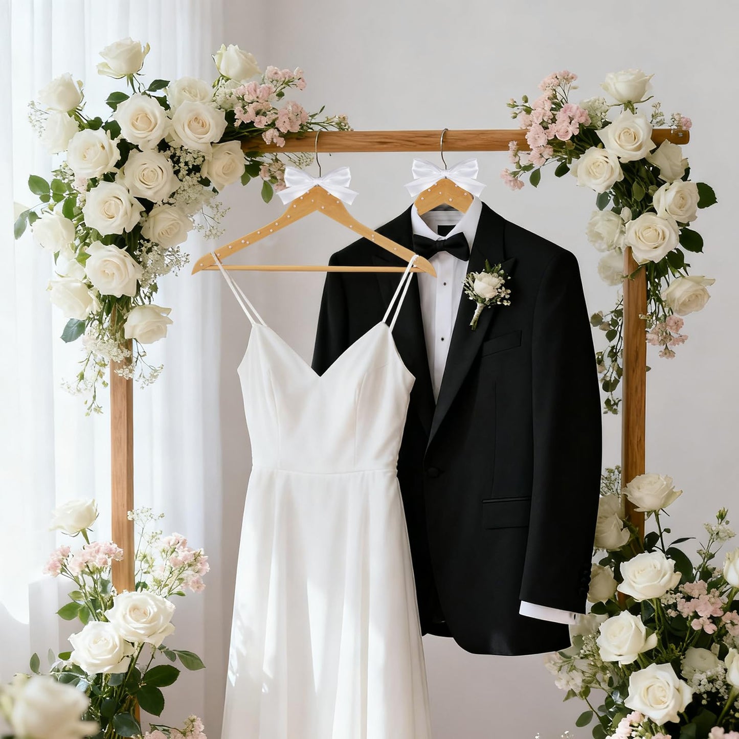 10 Pcs Bridesmaid Hangers for Wedding, 17.5 Inch Wooden Bridal Dress Hanger with Pearls & Bows, Bridal Hangers for Wedding Dress Gown & Tuxedo Suit, DIY Wedding Gift Photo Keepsake