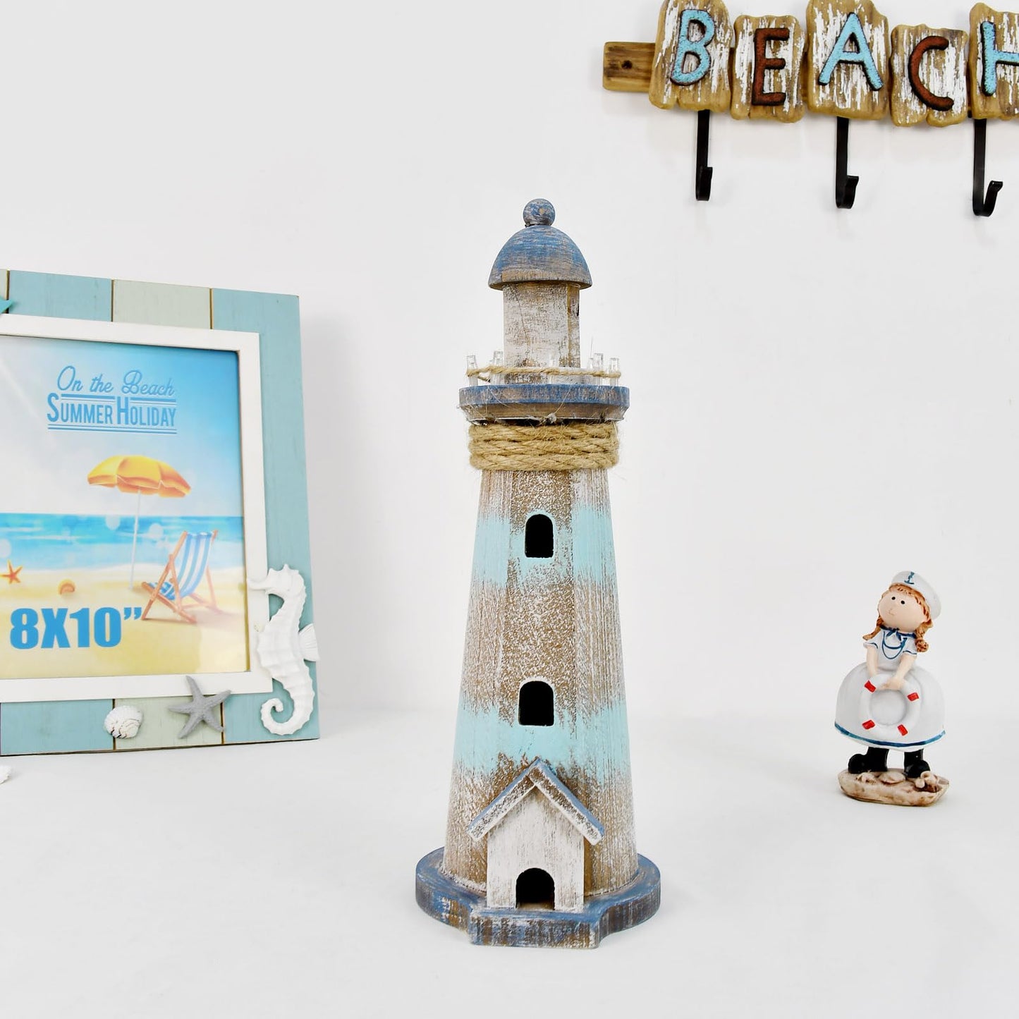 Morning View Lighthouse Decor Nautical Decoration Lighted Wood Light House Figurine Beach House Coastal Decor Table Ocean Seaside Theme Home Decor Lake House Bathroom Shelf Centerpiece 12.75"(Teal)
