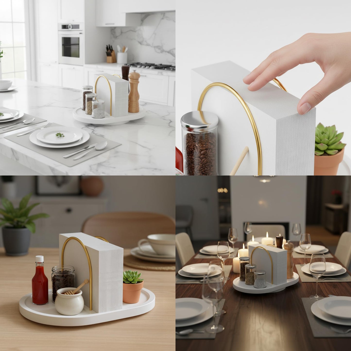 Primo Lines Rotating Napkin Holder for Table with Built-In Space for Salt and Pepper Shakers, Wooden Metal Caddy Rustic Table Organizer with 360 Degree Spin for Kitchen Decor and Accessories (White)