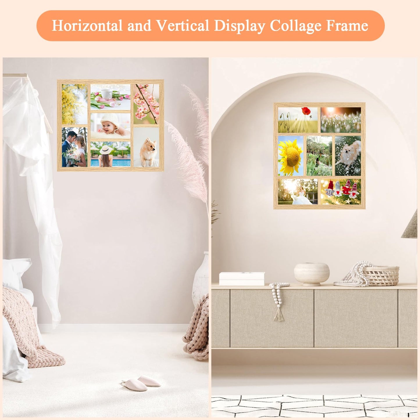 MOUDAMION 4x6 Oak Wood Picture Frames Collage Wall Decor Natural Woodgrain, Solid Oak Wooden Family Photo Collage Frame 7 Openings, Glass Front, Wall Hanging Display 7 4x6 Pictures