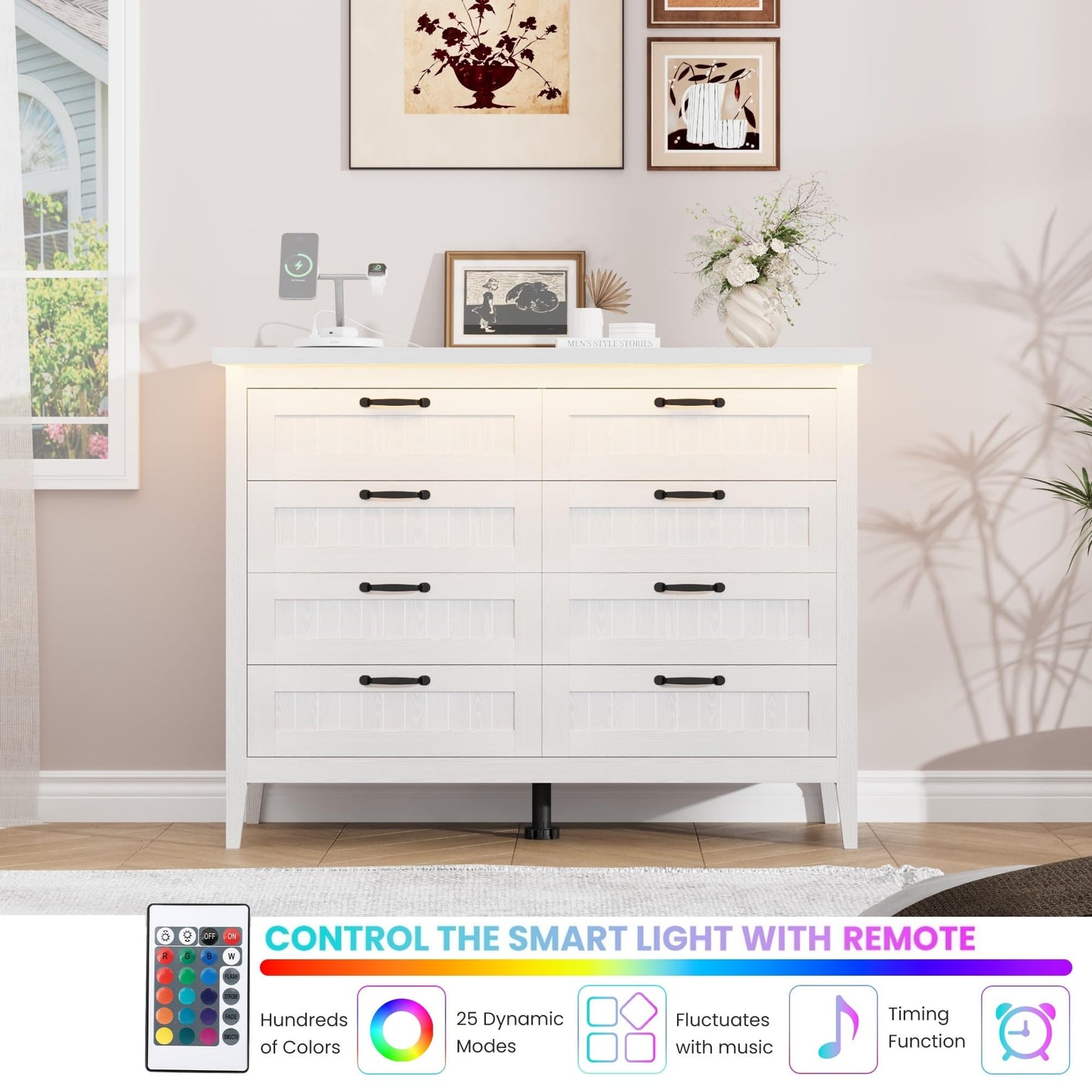 IDEALHOUSE 8 Drawer Dresser with Charging Station & LED Lights