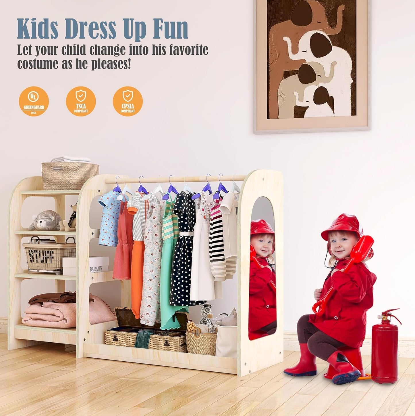 Qifeila Kids Dress Up Storage with Mirror, Wooden Kids Dress Up Rack for Little Girls and Boys, Kid Wardrobe Closet with Storage Shelf