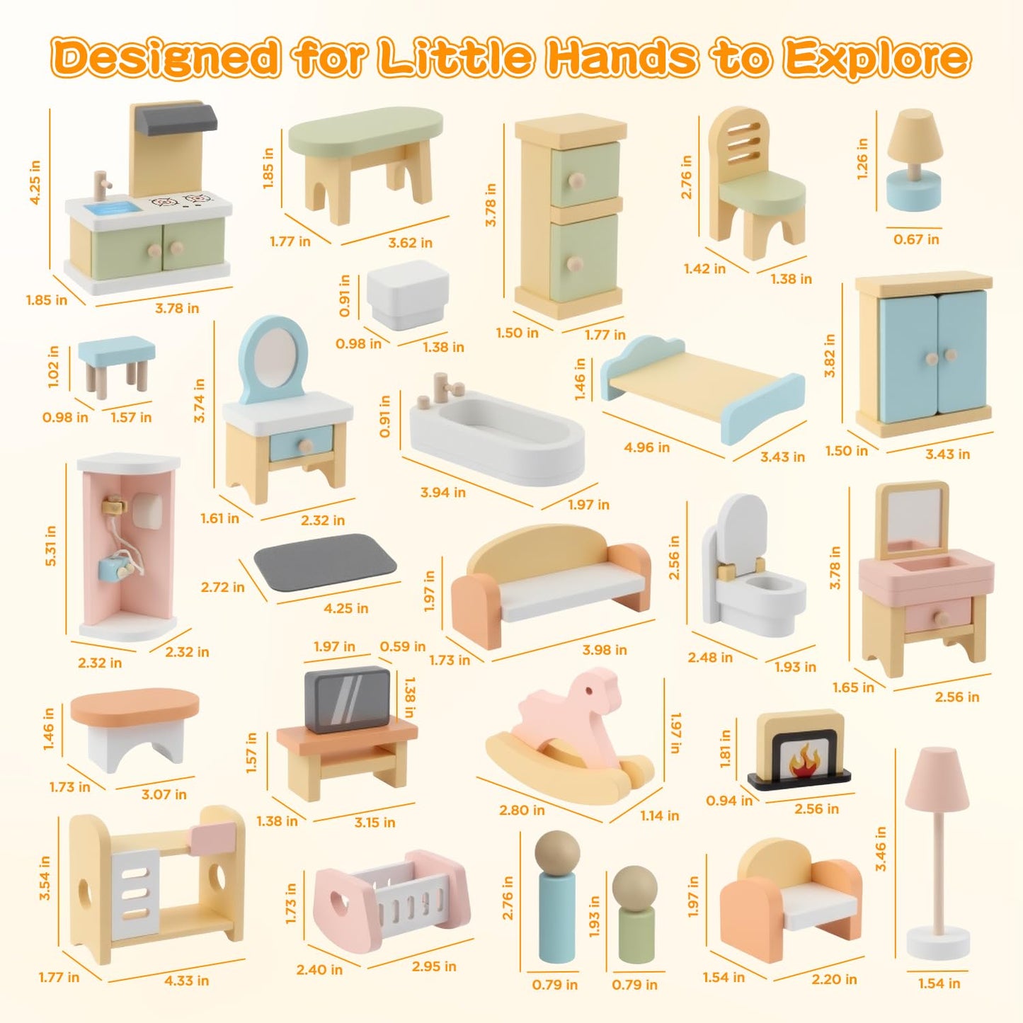 Peccvon 35PCS Wooden Dollhouse Furniture Set with Dolls for 5 Rooms Kits, Doll House Accessories Furniture Toys for Toddlers, Pretend Play Toys Christmas Birthday Gift for Girls and Boys, 3+