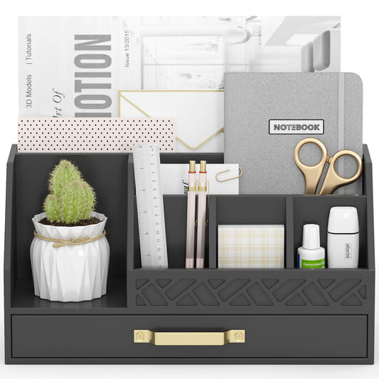 Wisuce Essentials Bamboo Desk Organizer with Drawers, Mail Organizer Countertop Wood Desk Drawer Tabletop Storage Organization Pen Holder Letter Sorter Makeup Organizer for School Home Office (Black)