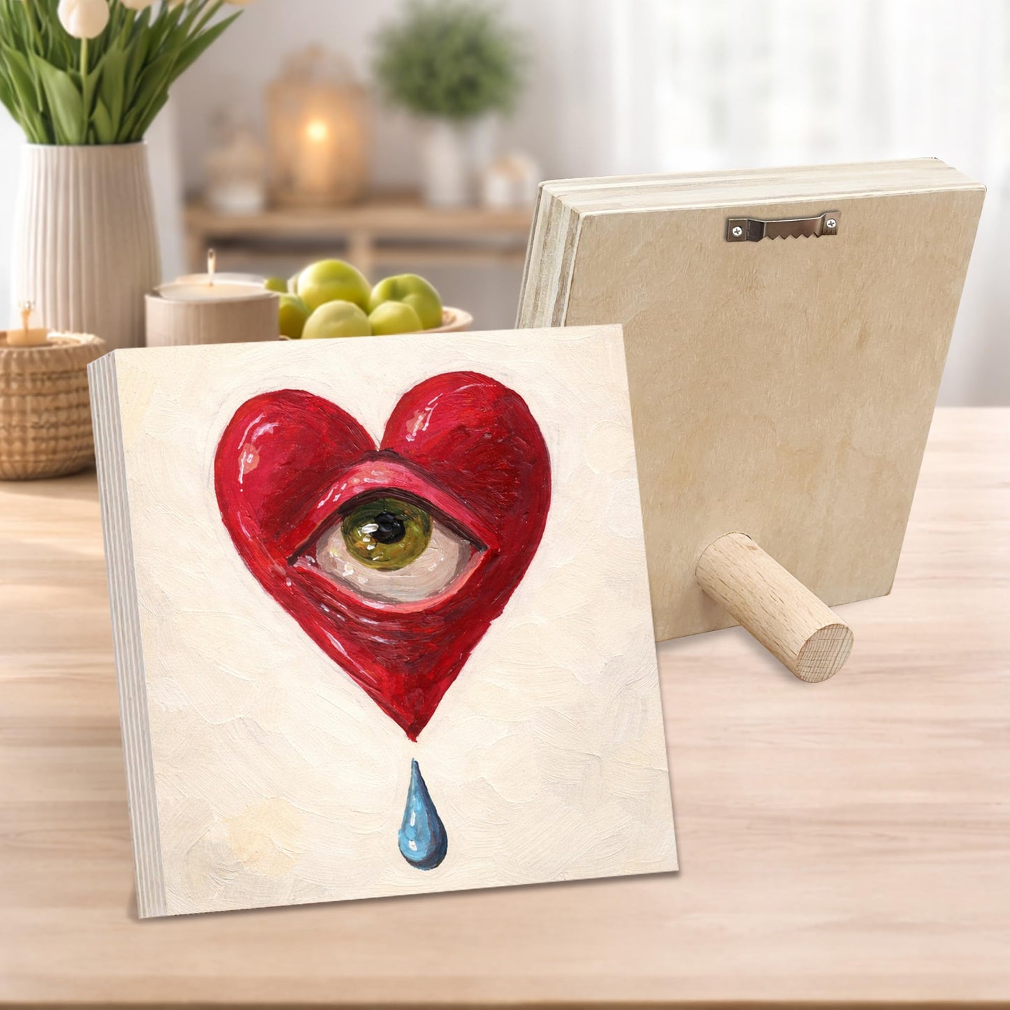 Surreal Heart Eye Wooden Block Sign, Emotional Love Art Decor, Abstract Crying Heart Design Shelf Sitter, Modern Home Table Mantel Tiered Tray Accent Gift for Art Lover