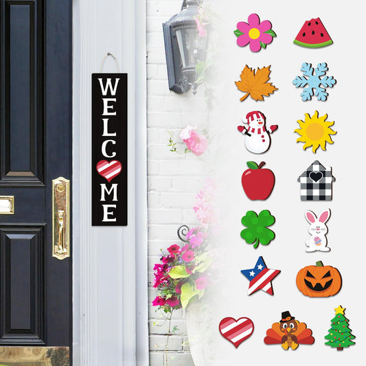 Interchangeable Mini Welcome Door Sign Wooden Indoor Outdoor Hanger with 15Pcs Seasonal Replaceable Ornaments Rustic Farmhouse Porch Sign Home Decoration Ideas Valentines Day Decor