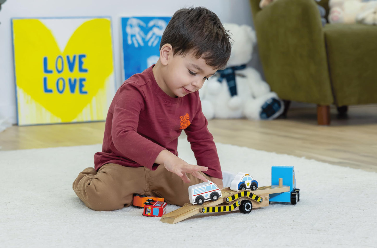 Jasey's Toy Chest Wooden Off to the Rescue Vehicle Carrier - 6-Piece Fire & Rescue Wooden Toy Set for Kids Ages 3+ | Oppenheim Award Winner