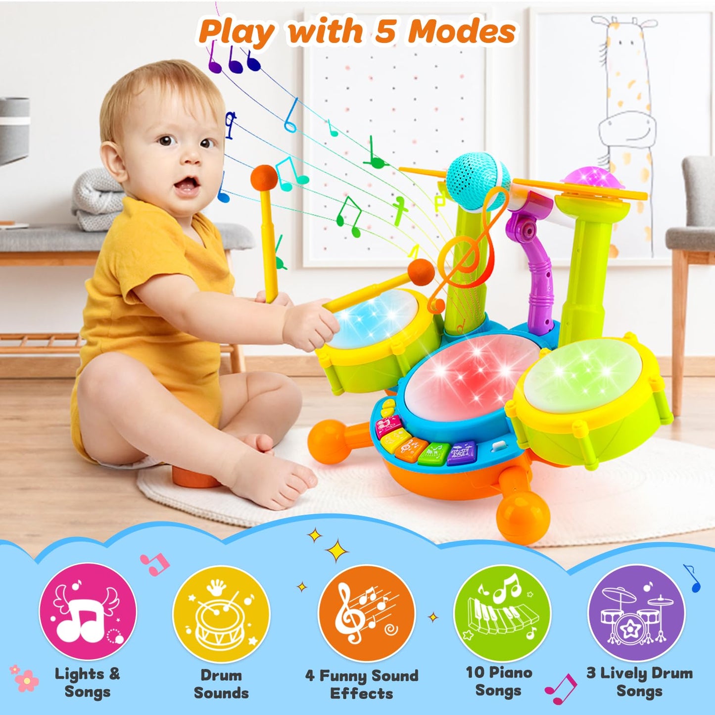 Kids Drum Set for Toddlers Musical Baby Toys Boy Gifts Montessori Baby Girl Toys with Microphone Light Up Learning Toys Birthday Gifts for Infants Toddler Age 3+