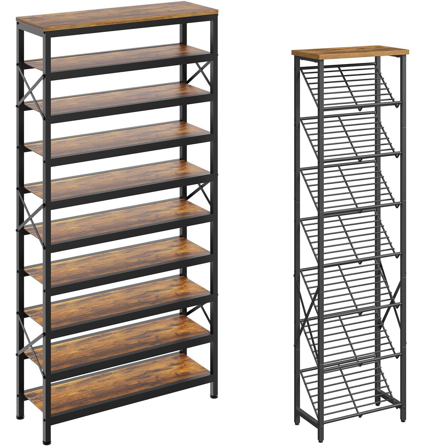 YATINEY 10-Tier Tall Shoe Rack and 8-Tier Tall Shoes Rack, Slim Shoe Organizer for Entryway, Thin Shoe Rack for Closet, Narrow Shoe Storage Shelf with Wooden Panel, Space Saving SS210BR-SS18BR