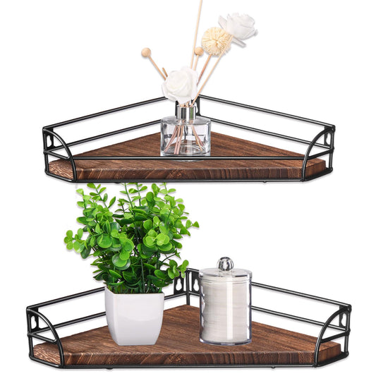 Photect Corner Shelf Wall Mount, Wooden Corner Floating Shelves Set of 2, Bathroom Corner Shelf Storage and Display Hanging Plant Shelves for Restroom Living Room Kitchen Bedroom(Dark Color)