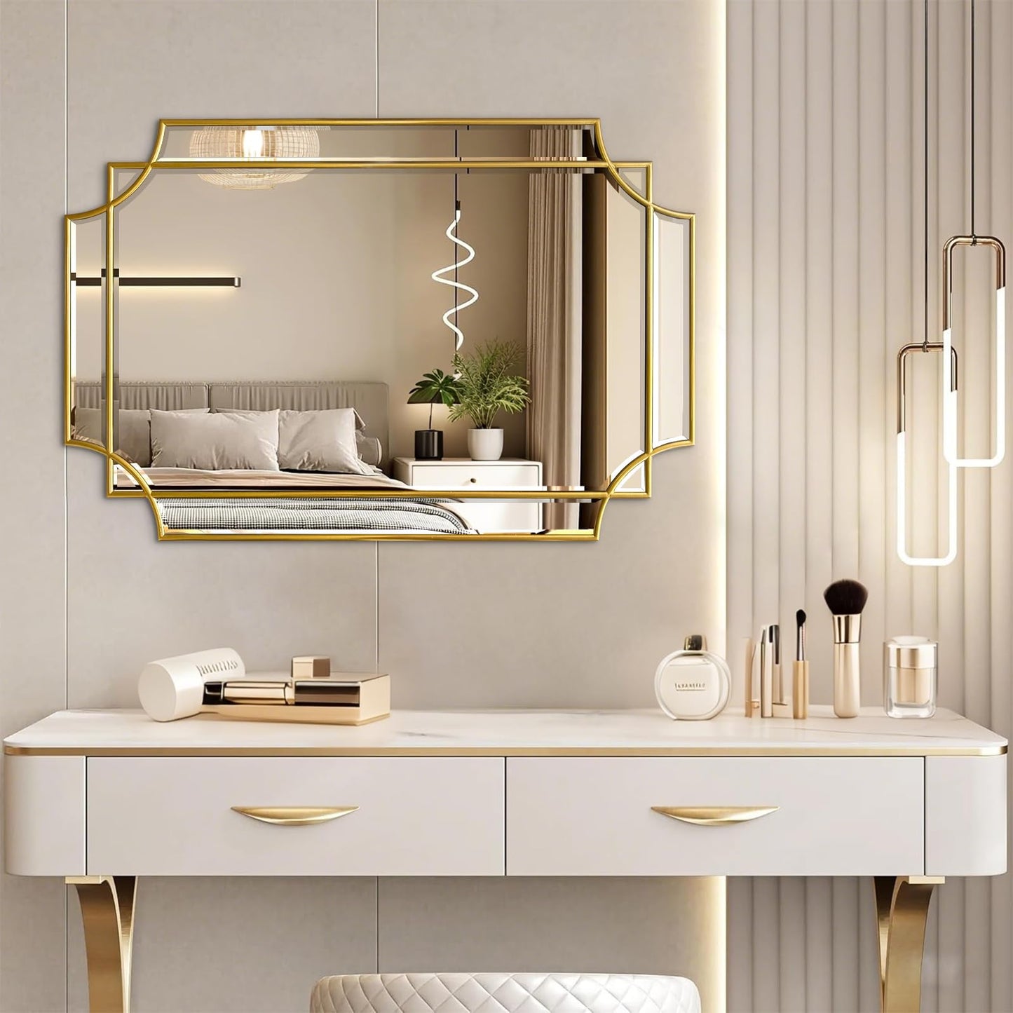 HQiJun 30x20 Inch Gold Bathroom Mirror, Wooden Frame with Scalloped Polished Beveled Glass, Modern Art Wall Decor for Vanity, Irregular Rectangle Mirror for Bedroom, Living Room, Fireplace & Entryway