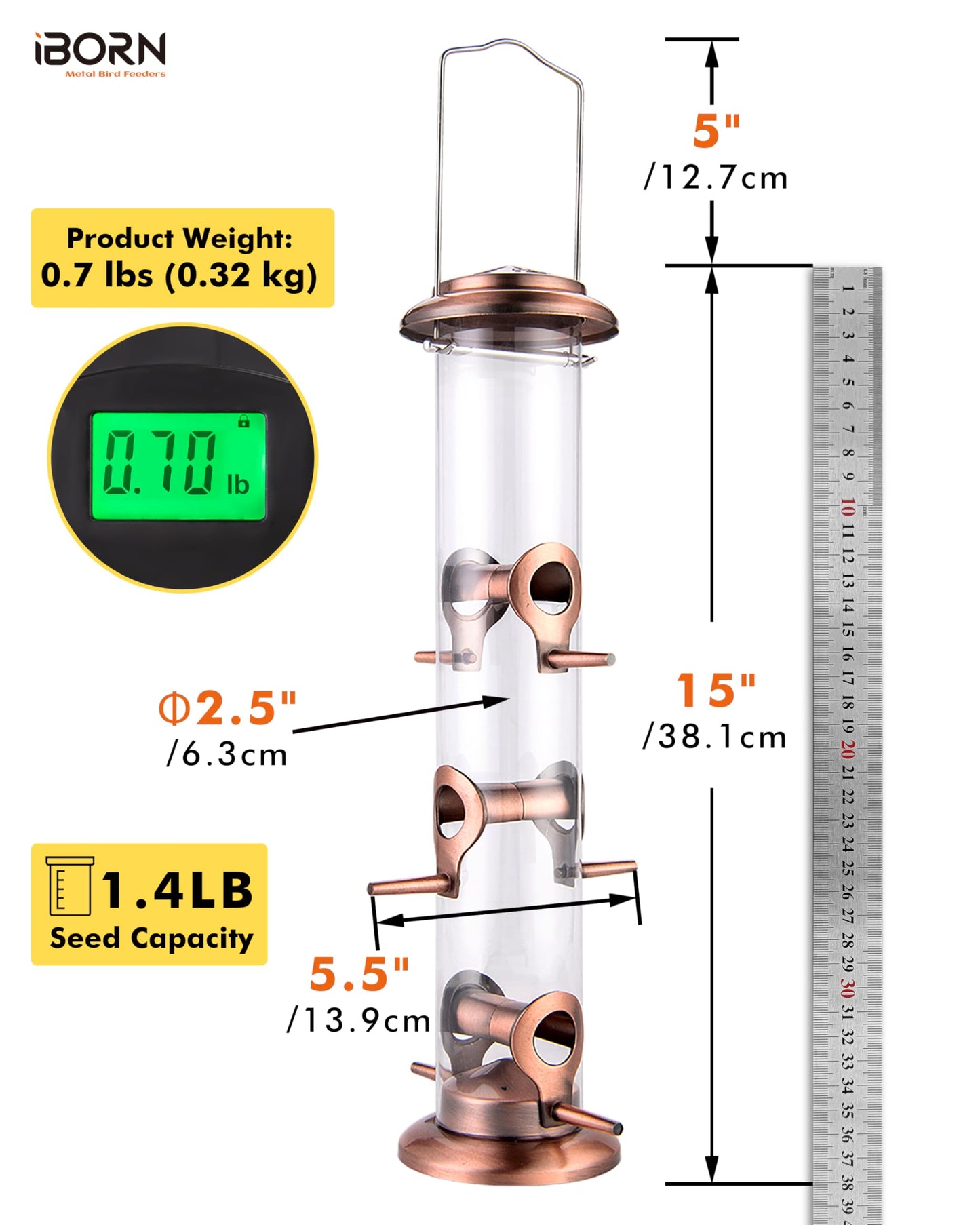 iBorn Metal Bird Feeders Brushed Copper Wild Bird Feeder for Outdoors Hanging All Metal Brushed Copper Finishing 15 Inch 6 Port(Seed is not Included)