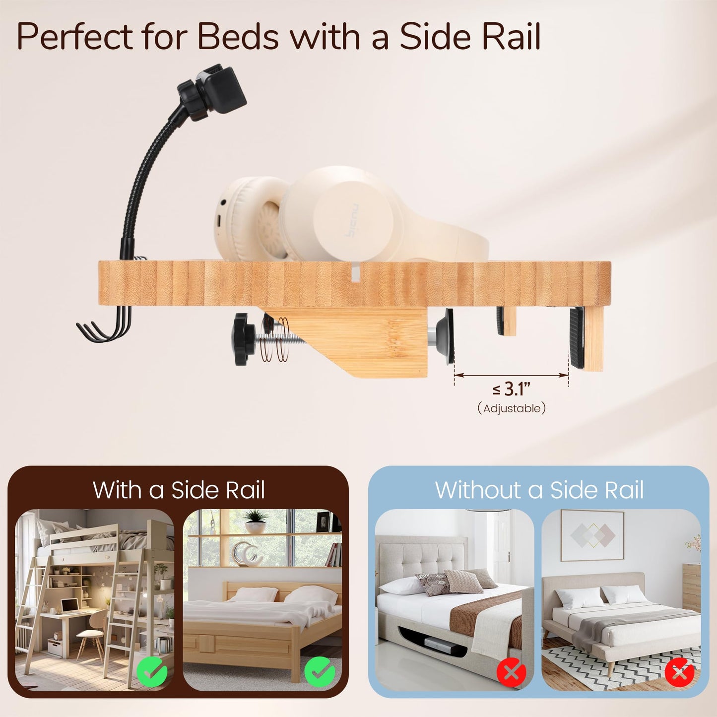 Fivebop Bedside Shelf for Dorm Bed & Top Bunk, Bamboo Bed Side Table Tray with Cup Phone Holder & Hooks, Bedside Caddy, Clip on Nightstand Bedside Storage College Dorm Room Essentials (Bamboo-1)