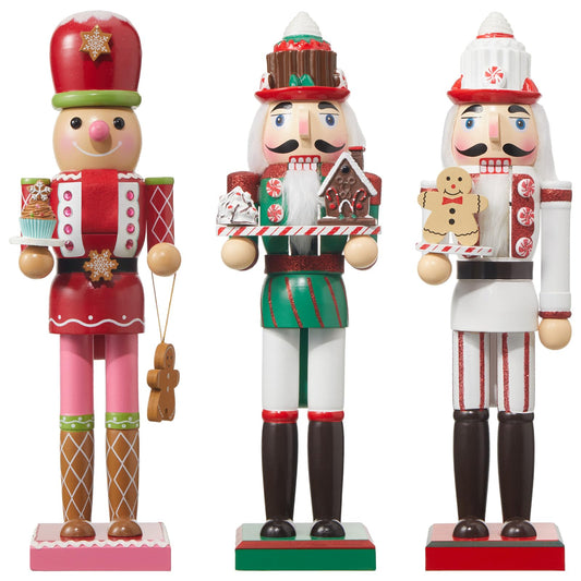 Geetery 3 Pcs Valentine Nutcracker Figures Decor 14 Inch Wood Pink Nutcracker Table Centerpiece Valentine Gift for Holiday Shelves Indoor Tabletop(Gingerbread Style)
