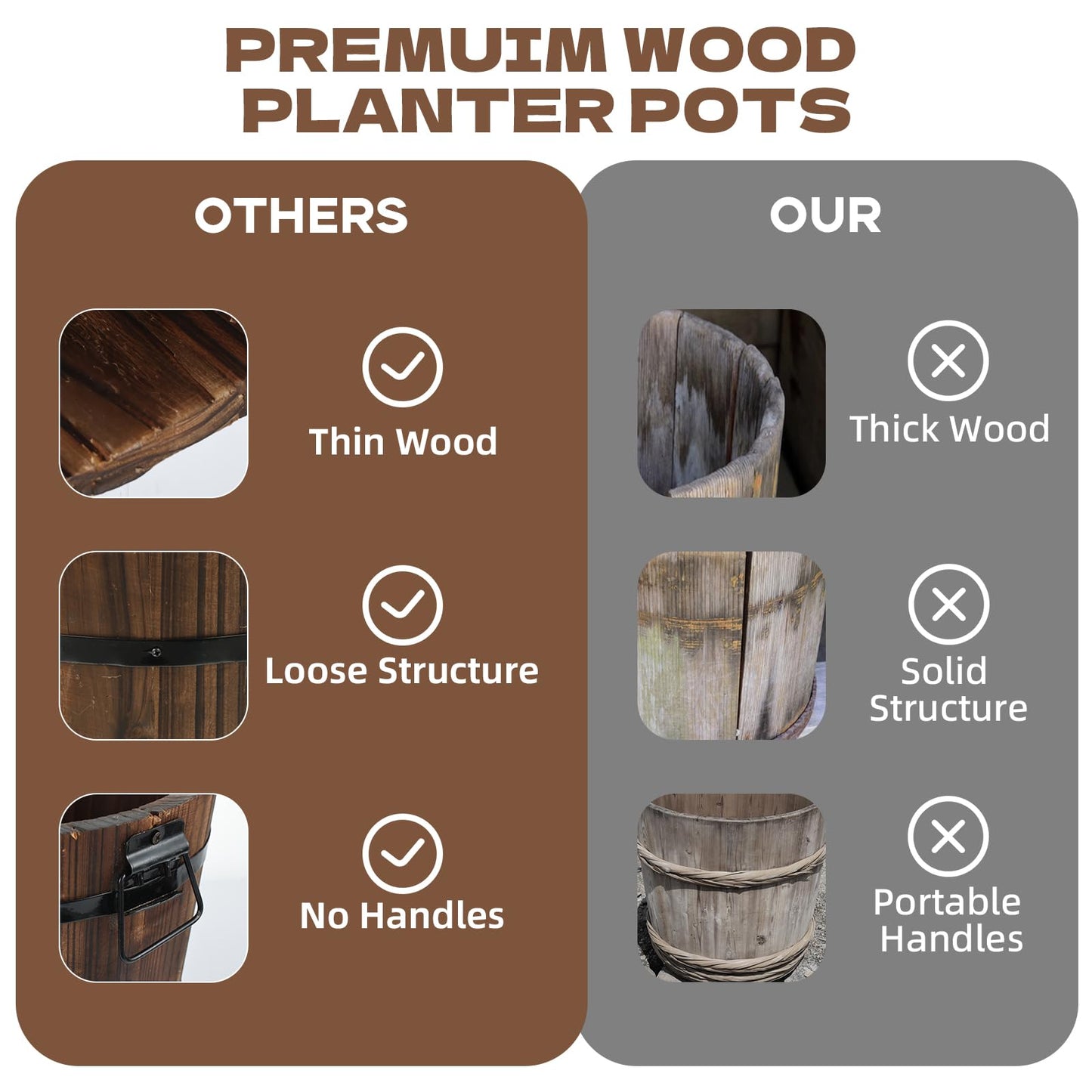 Hlimior 3 Pcs Wooden Whiskey Barrel Planters, Wooden Flower Planters Pots Boxes with Metal Handles 3 Sizes Planting Wood Buckets Tree Pot for Indoor Outdoor Garden Home Plants