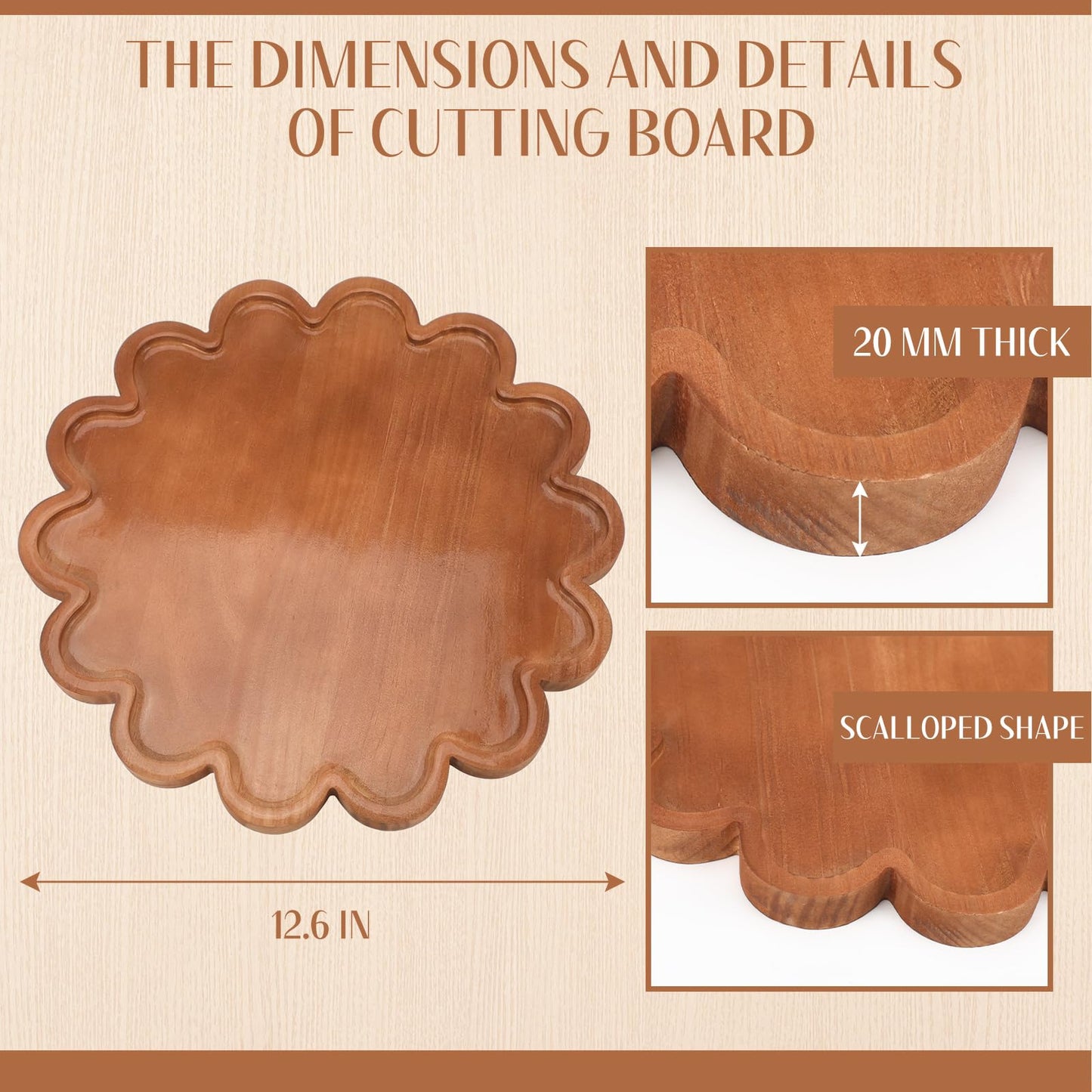 BreezeHug Brown Decorative Serving Tray Wood 12.6 Inch Scalloped Serving Tray Round Wooden Display Plate with Scalloped Borders for Coffee Table Living Room Bedroom Entryway Decoration