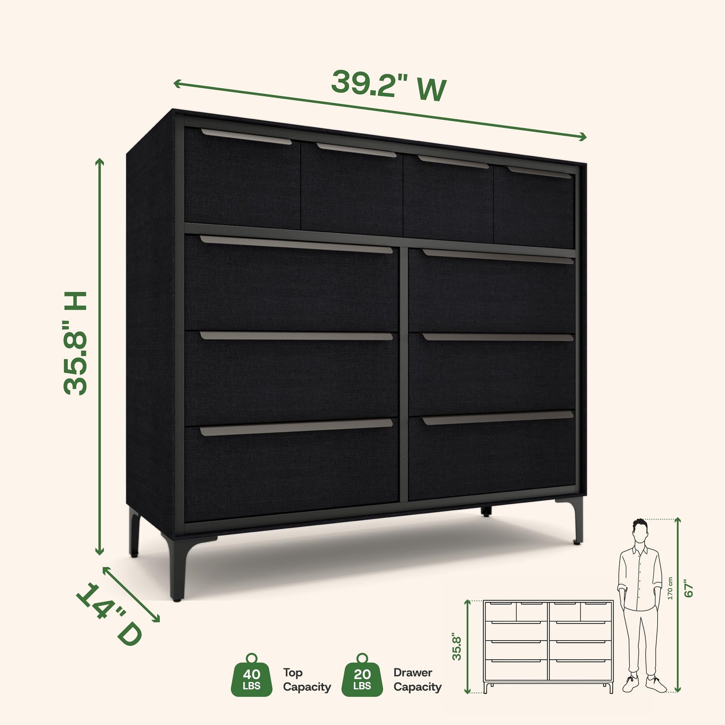 tinge Naima Premium Fabric Dresser - Strong Metal Frame, 10 Spacious Sag-Proof Drawers with Sleek Metal Handles - Premium & Durable Storage Solution for Your Home (Black)